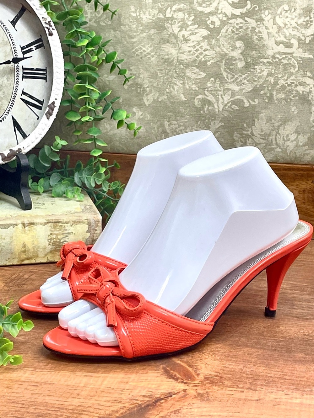 Cato Coral Orange Faux Snake Bow Kitten Heel Mule Sandals Peep Toe Size 8